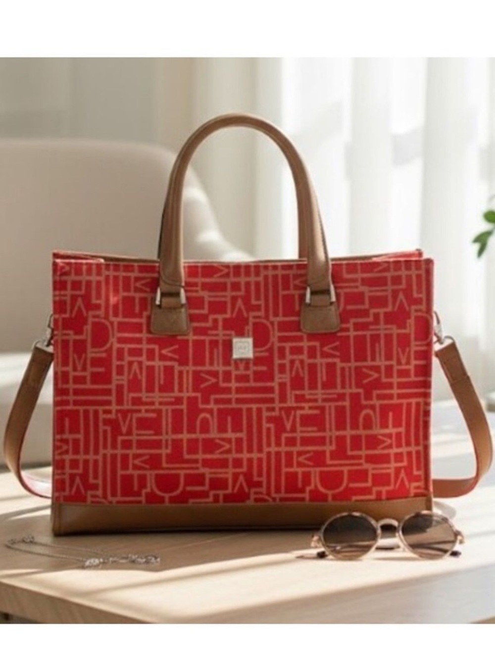 Diane Von Furstenberg Tote Bag Large Red Monogram Weekend Travel Canvas Leather